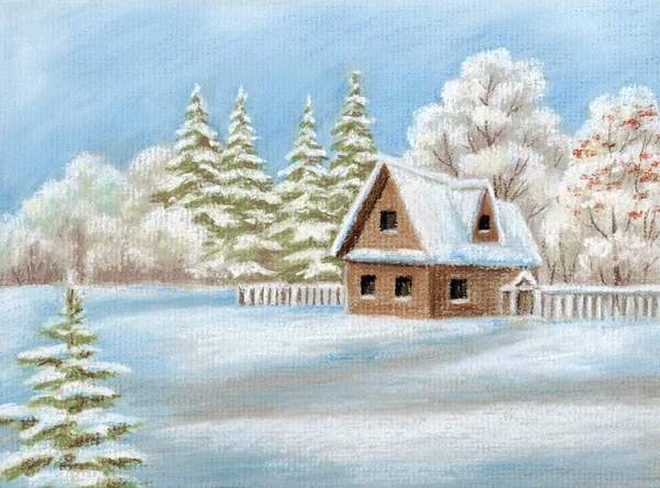 Maison Forêt Hiver Photo Pastel Dessin Main Sur Papier — Photo