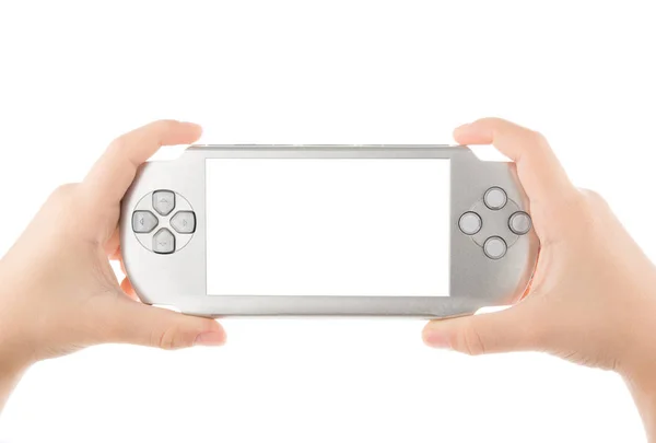 Two Hands Holding Portable Game Playing Games Clipping Path — Stock Photo, Image