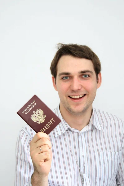 Homem Feliz Com Passaporte Russo Mão — Fotografia de Stock