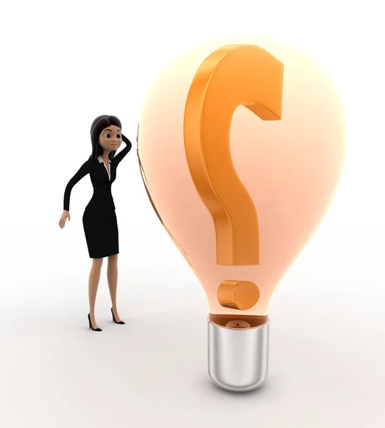 Vrouw Ziet Verward Terwijl Kijken Naar Vraagteken Lamp Concept Witte — Stockfoto