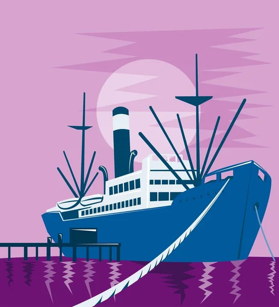 Ілюстрація Пасажирського Вантажного Корабля Доках Або Причалі Виконані Ретро Стилі — стокове фото