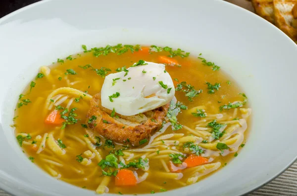 Homemade Beef Broth Homemade Noodles Garlic Toast Eggs Benedict — Stock Photo, Image