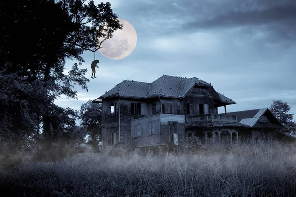 Maison Hantée Halloween Avec Pleine Lune — Photo