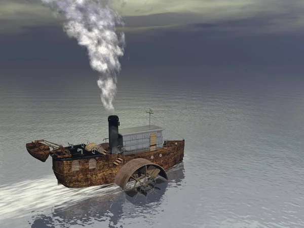 小さい船のボートは水に浮いて 煙の生産 — ストック写真
