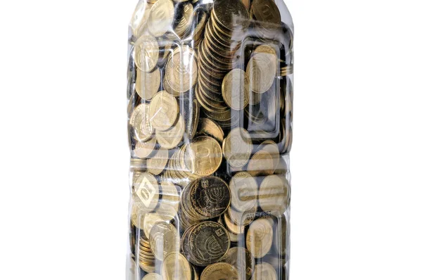 Fragmento Botella Plástico Con Monedas Sobre Fondo Blanco —  Fotos de Stock