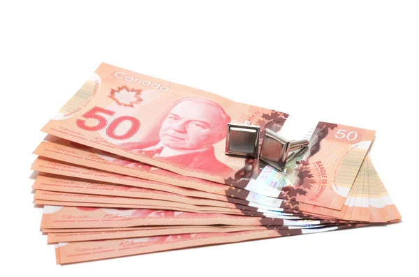 Enfoque Selectivo Una Serie Dólares Canadienses Con Par Gemelos Sobre — Foto de Stock