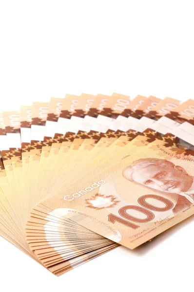 Billetes Canadienses 100 Dólares Polímero Aislados Sobre Fondo Blanco — Foto de Stock