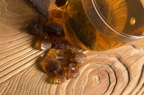 White Tea Nylon Tea Bag Brown Sugar Old Wood — Stock Photo, Image