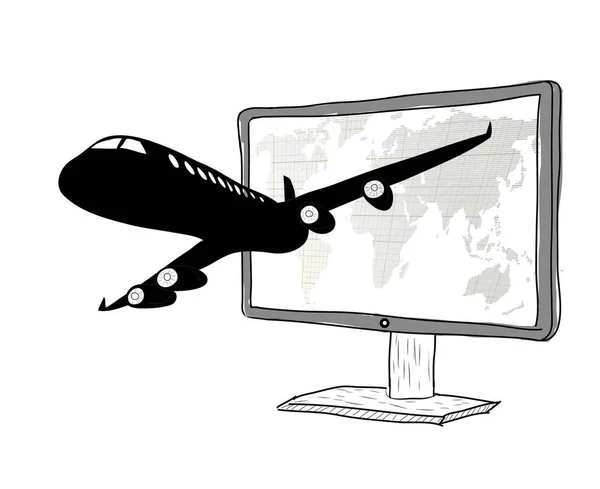 Het Vliegtuig Opstijgt Uit Laptop Monitor — Stockfoto