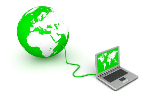Laptop Mit Einem Grünen Globus Verkabelt Weißes Land Grüner Ozean — Stockfoto