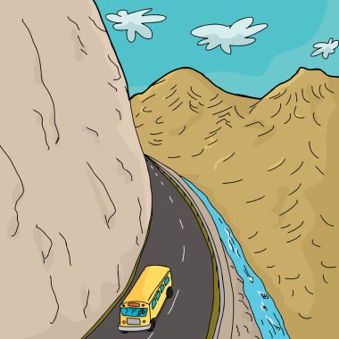 Cartoon of single school bus on winding highway in mountains clipart