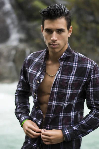 Handsome Young Man Mountain Waterfall Open Shirt Ripped Athletic Body — Stock Photo, Image