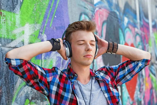 Close Portrait Happy Teens Boy Headphones Painted Wall Listening Music — Stock Photo, Image