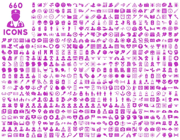 690医疗服务 医疗保健 药店业务 科学偶像 图标集样式是平的 紫罗兰色字形符号 白色背景 — 图库照片