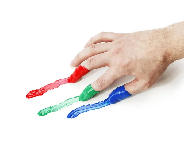 Hand Mit Roten Grünen Und Blauen Fingerfarben — Stockfoto