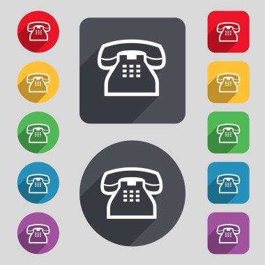retro telephone handset icon sign. A set of 12 colored buttons and a long shadow. Flat design. illustration clipart
