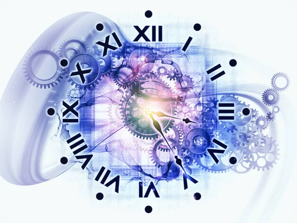 Arrangement of gears, clock elements, dials and dynamic swirly lines on the subject of scheduling, temporal and time related processes, deadlines, progress, past, present and future