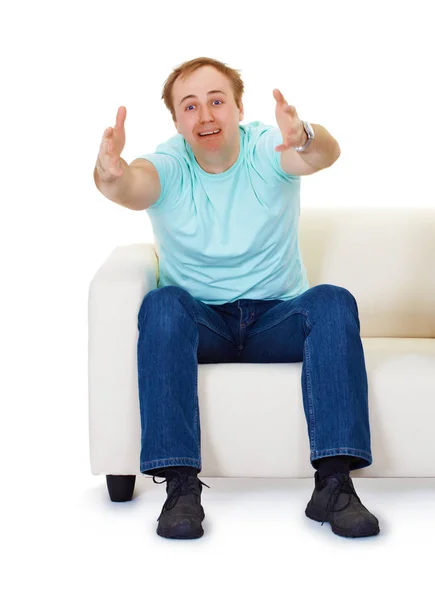 Man Sits Home Couch Despair Isolated White — Stock Photo, Image