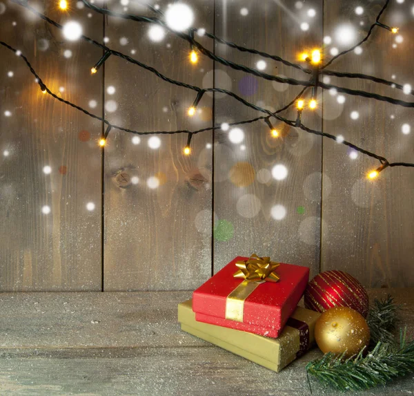 Regalos Navidad Luces Decorativas Sobre Fondo Madera Con Espacio — Foto de Stock