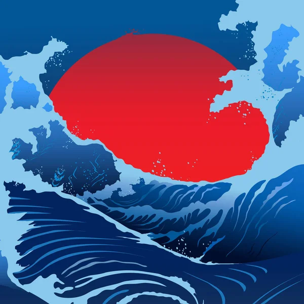 Olas Azules Sol Rojo Estilo Japonés — Foto de Stock