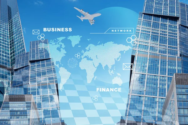 Бізнес Місто Світовою Картою Літаком Фоні Блакитного Неба — стокове фото