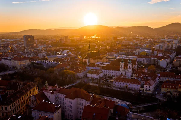 Graz Şehir Merkezi Hava Gün Batımı Görünümü Styria Bölge Avusturya — Stok fotoğraf