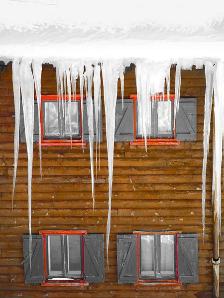 Wooden Windows Stalactites Ice — Stock Photo, Image