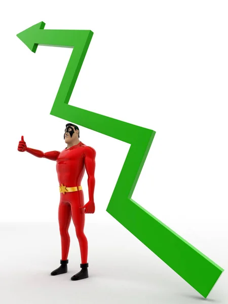 白い背景 側面の視野に緑の矢印のコンセプトの下に3Dスーパーヒーロースタンド — ストック写真