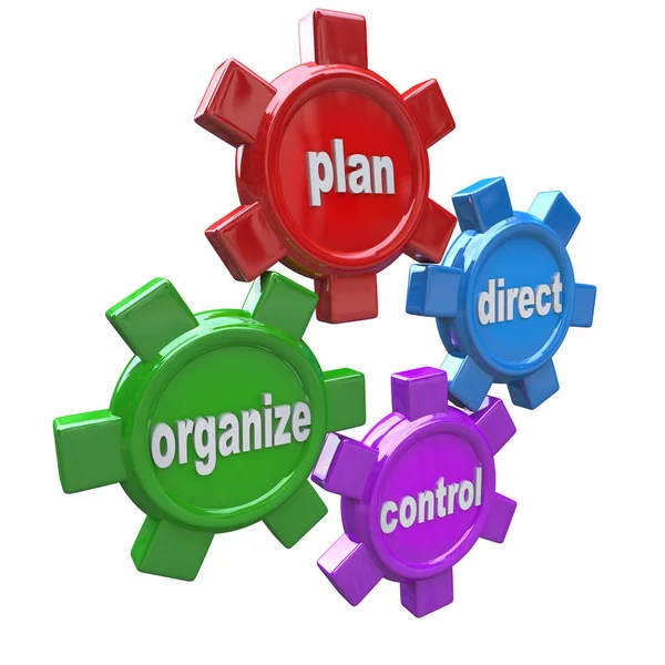 Four Gears Symbolizing Four Principles Good Management Style Plan Organize — Stockfoto