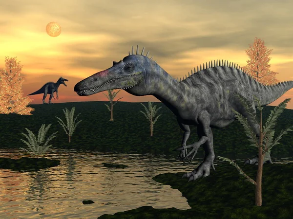 Suchomimus Dinosaurios Caminando Junto Estanque Pachypteris Ciprés Calvos Atardecer Render — Foto de Stock