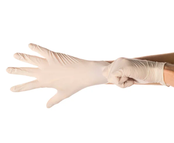 Hands Person Putting Medical Glove Isolated White — Stock Photo, Image