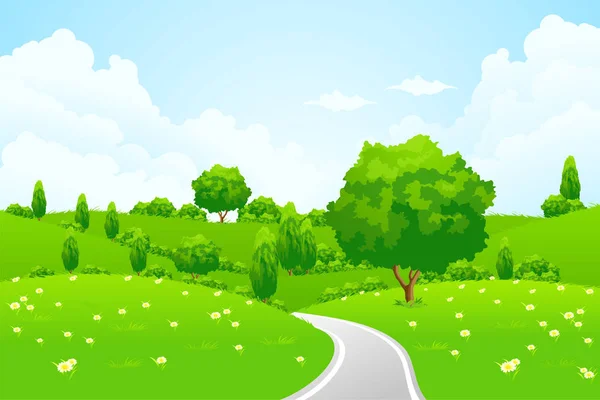 Paesaggio Verde Con Strada Alberata Collina Fiori Vostro Disegno — Foto Stock