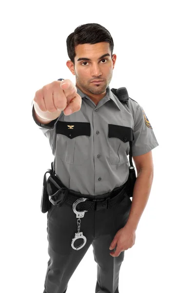 Ein Polizist Gefängniswärter Oder Ähnlicher Uniformierter Steht Mit Erhobenem Zeigefinger — Stockfoto