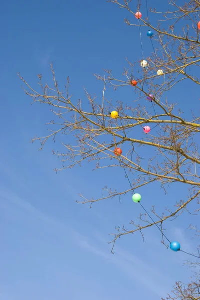 Wielokolorowe Zabawki Świąteczne Ozdobione Liściastych Liściaste Gałęzie Drzewa Zimą Tle — Zdjęcie stockowe