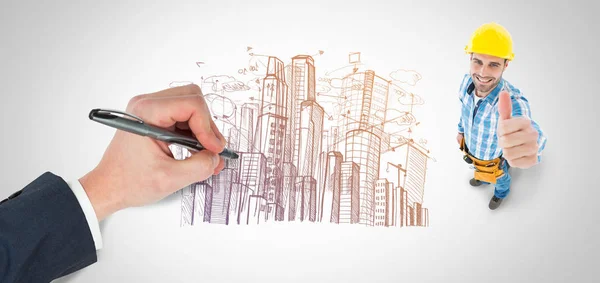 Escrita Mão Com Uma Caneta Contra Grandes Edifícios Cidade Juntos — Fotografia de Stock
