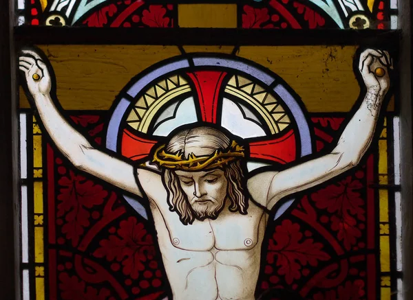 Detalhe Vitoriana Vitral Vitral Janela Igreja Fringford Retratando Jesus Pregado — Fotografia de Stock