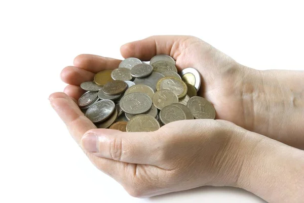 Manos Sosteniendo Monedas Aisladas Blanco — Foto de Stock