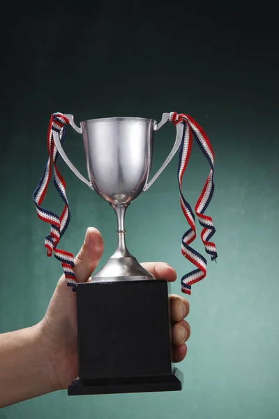 Mão Humana Segurando Troféu Prata — Fotografia de Stock