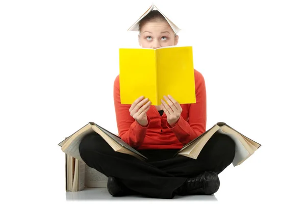 Jovem Estudante Mulher Com Livros Todo Seu Corpo Isolado Branco — Fotografia de Stock