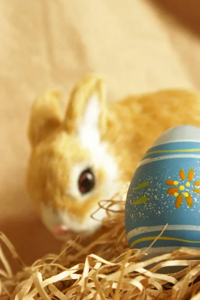 Lindo Conejito Pascua Borra Fondo Con Enfoque Huevo Sentado Trituración — Foto de Stock