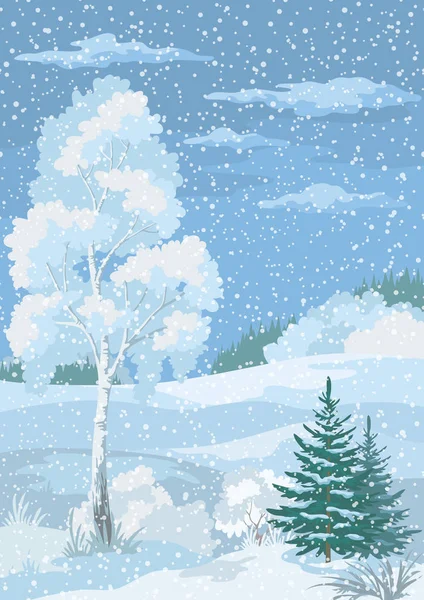 Рождественский Пейзаж Зимнего Леса Березой Деревьями Небом Снегом Облаками — стоковое фото