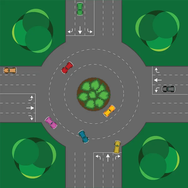 Runde Kreuzung Autos Und Bäume Abstrakte Vektorkunst Illustration — Stockfoto