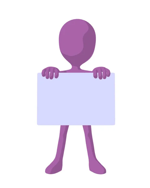 可爱的紫色剪影的家伙拿着一个空白的名片在白色背景 — 图库照片
