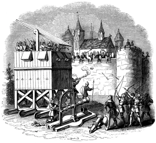 Torre Motor Seige Medievel Atacando Castelo Publushed Por Charles Knight — Fotografia de Stock