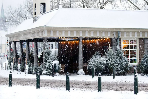 Snö Staden Försäljning Julgranar Det Snöat — Stockfoto