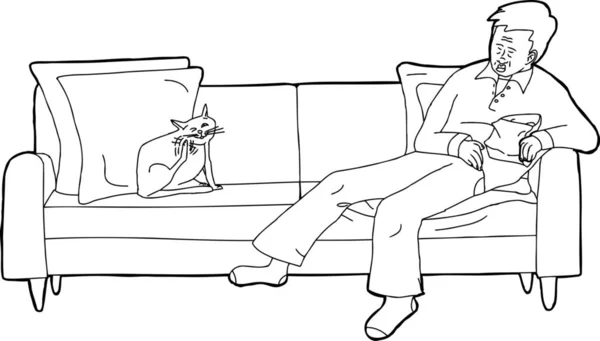 Outline Cartoon Cat Sofa Sleeping Man — Stock Photo, Image