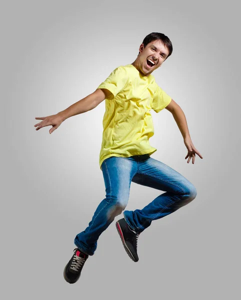 Moderno Delgado Estilo Hip Hop Hombre Saltando Bailando Sobre Fondo — Foto de Stock