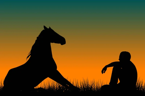 Horse Man Silhouettes Sitting Grass Sunset — Stock Photo, Image