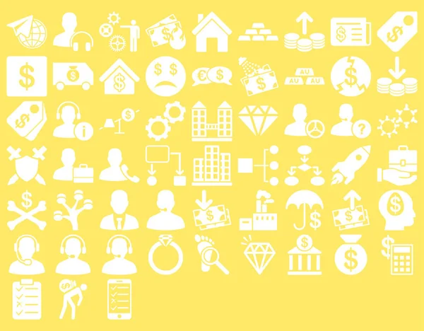 Commerce Icon Set. These flat icons use white color. Glyph images are isolated on a yellow background.