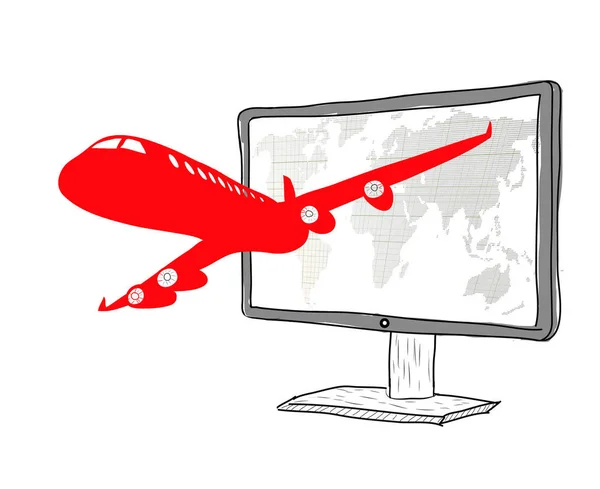 Het Vliegtuig Opstijgt Uit Laptop Monitor — Stockfoto